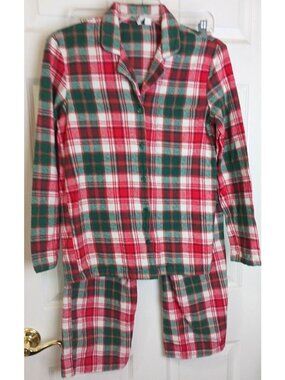 Nordstrom Flannel Pajamas XS 2 Pcs Set Plaid RedGreen Drawstring 100% Cotton D18